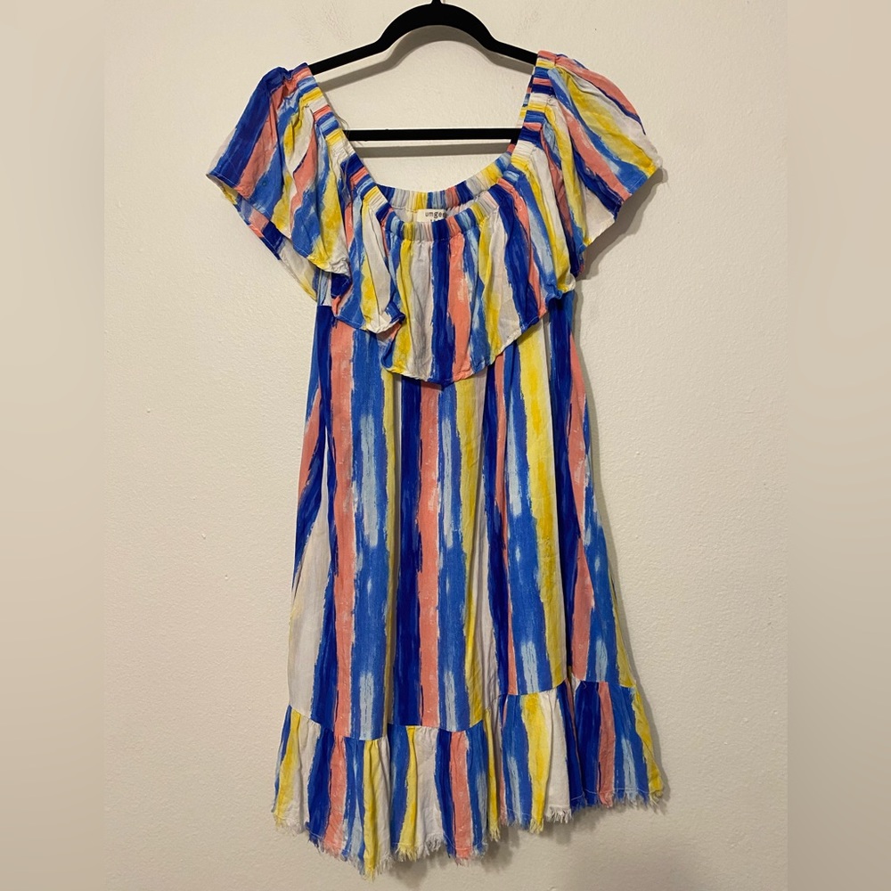 UMGEE Multicolored Striped Off Shoulder Ruffle Raw Hem Boho Dress Sz Lar…